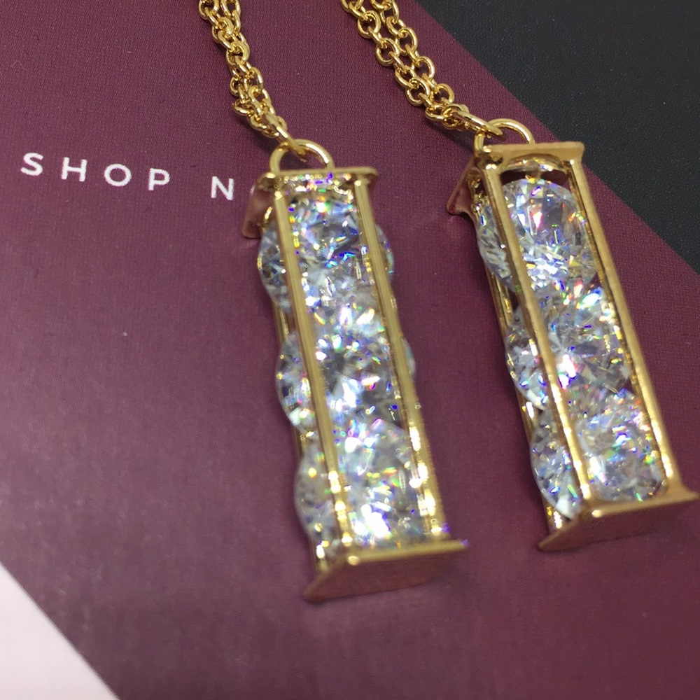Triple diamond gold tone drop earrings - Picture 2 of 6